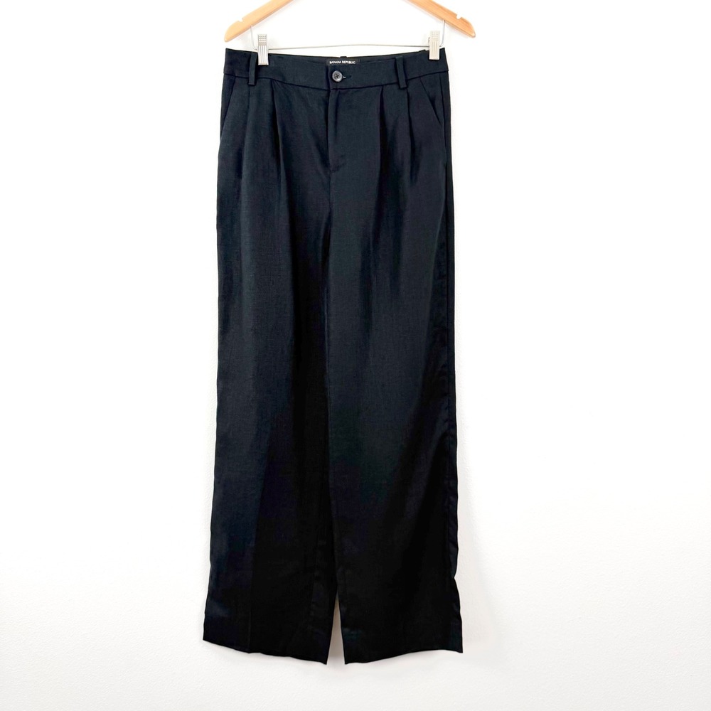 Banana Republic Black 100% Linen Wide Leg Pleated Trousers Pants Womens Size 2